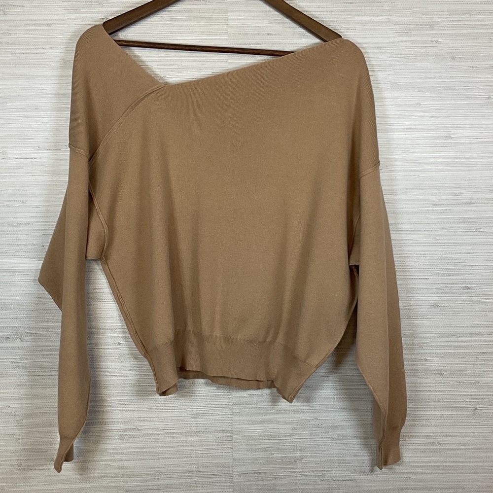 Line and Dot Favorite Off Shoulder Sweater Taupe Large Asymmetrical Tan - Picture 13 of 16